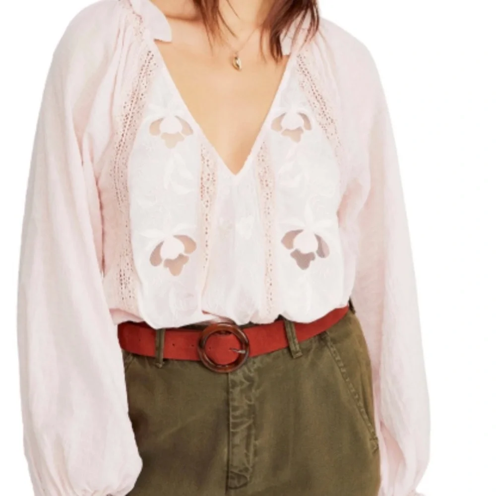 - Free People Silvan Embroidered Light Pink Floral Pullover Blouse Size